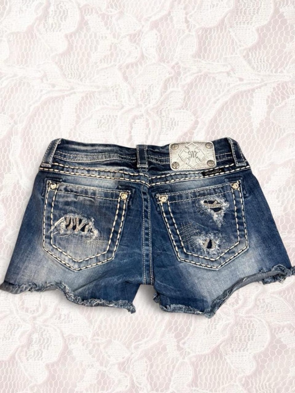 Miss Me Distressed Blue Denim Jean Shorts with Frayed Hem